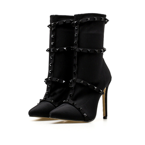 Nouvelles bottes courtes pour femmes, style transfrontalier Europe et États-Unis, en tissu extensible, à bout pointu et talon aiguille, pour l'hiver - Product Image 2