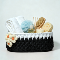 Panier de rangement en corde tressée à la main avec fleur décorative, noir et blanc, panier de rangement bicolore pour la salle de bain, pour serviettes et articles de toilette