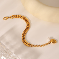 Bracelet H&C Fashion en acier inoxydable plaqué or 18 carats, bijoux d'été pour la plage, avec breloque coquillage et perle, chaîne cubaine ajustable, cadeau pour femme