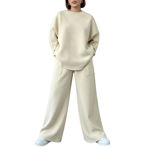 Conjunto Deportivo de Algodón Blanco para Mujer, Cuello Redondo, Manga Larga, Corte Holgado, Color Sólido, Pantalones Casuales con Bolsillos Laterales - Product Image 6