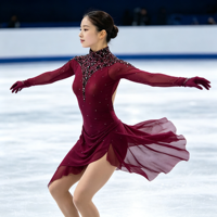 Robe de patinage artistique pour filles, bordeaux, col montant, manches longues, dos ouvert, ornée de strass, jupe asymétrique, pour compétition
