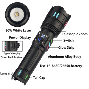 Lampe <span class=keywords><strong>torche</strong></span> rechargeable <span class=keywords><strong>3000</strong></span> <span class=keywords><strong>lumens</strong></span>, laser blanc 30W, LED haute puissance, type C, en alliage d'aluminium - Product Image 2