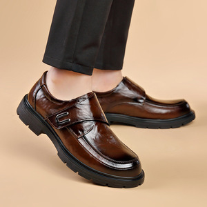 Chaussures habillées en cuir pour hommes, bout rond, fermeture auto-agrippante, semelle extérieure en caoutchouc amortie, Oxford formelles pour mariage printanier - Product Image 3