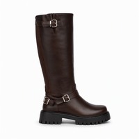 Bottines marron mi-hautes à semelle crantée avec boucle et fermeture éclair latérale pour femme en similicuir