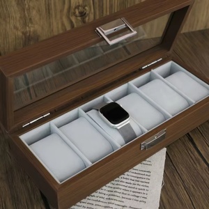 Nouvelle boîte de rangement et de présentation pour montres en bois grain noyer noir, style carré, ensemble de 6, matériaux recyclés écologiques, résistante aux chocs, SAIKE - Product Image 6