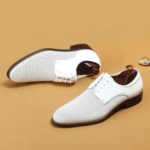 Chaussures habillées d'été respirantes en cuir véritable blanc à bout pointu et lacets pour hommes de carrière et de bureau - Product Image 4
