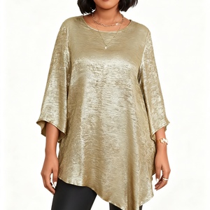 Nouveau T-shirt pour femme grande taille, coupe ample, col rond, manches trois-quarts, ourlet asymétrique, tendance - Product Image 1