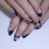 10 pièces/boîte Faux ongles en résine à coller, style français noir, petites fleurs, nude, forme amande moyenne, pour nail art