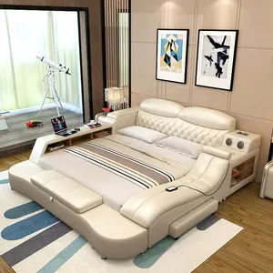 2023现代皮革智能床带按摩多功能卧室家具带储物盒床