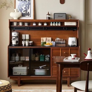 ตู้เก็บของไม้เนื้อแข็งสไตล์ฝรั่งเศส สีน้ำตาลกาแฟ สูง 900 มม. พร้อมลิ้นชัก สำหรับห้องนั่งเล่น จัดแสดงชาและไวน์ - Product Image 1