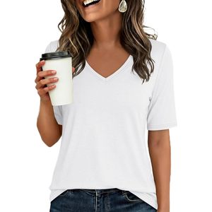 T-shirt à col en V pour femme, manches courtes, coupe basique, décontracté, respirant, tricoté, à porter au quotidien - Product Image 1