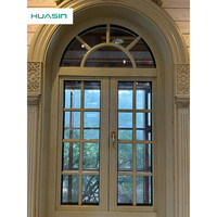 Ventanas de Madera Estilo Francés Personalizadas Huasin, Ventana Abatible de Madera Revestida de Aluminio con Arco Estilo Europeo y Rejillas Decorativas