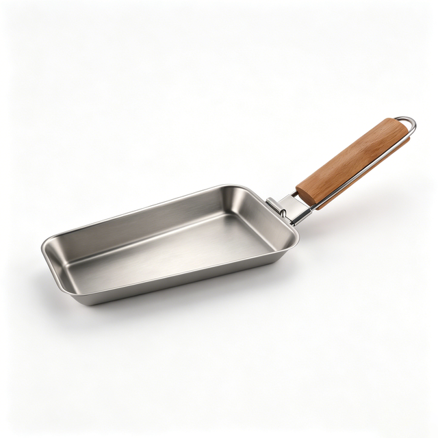 Thickened Square Stainless Steel BBQ Pan with Wooden Handle Small Griddle for Outdoor Camping