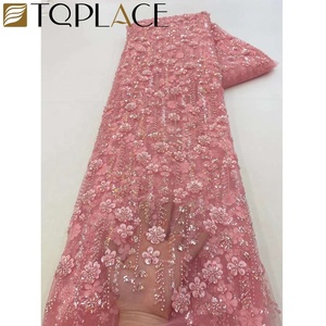 Tessuto di lusso africano 3D fiore di pizzo francese di colore lilla con paillettes e perline per il vestito da festa - Product Image 3