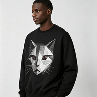 Sweat-shirt à manches longues Kornit DTG, motif tête de chat géométrique polygonal craquelé, imprimé textuel Geo Cat, style minimaliste et décontracté, coupe ample, haut streetwear décontracté