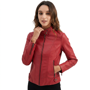 Veste en cuir de mouton véritable pour femme, style motard, respirante, en spandex tissé, zippée, rouge - Product Image 2