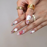 Offre Spéciale – Faux Ongles en Acrylique à Presser, Forme Amande Moyenne, Rose Nude Effet Œil de Chat, avec Strass Étoiles Colorées 3D et Fleurs, pour Usage Quotidien