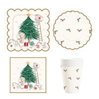 DAMAI Cherry - Fournitures de fête de Noël personnalisées - Ensemble de vaisselle jetable - Assiette en papier imprimée avec un arbre de Noël - Gobelet - Serviette - Vaisselle de table