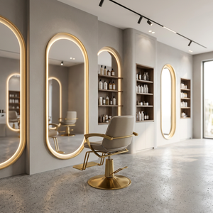Station de Barbier Moderne Luxe Or & Noir pour Salon de Beauté Commercial, Mobilier de Salon de Coiffure en Bois avec Miroir Élégant - Product Image 3