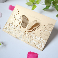 Carte d'invitation de mariage style européen avec découpe papillon, en papier dentelle doré, pour fête prénuptiale
