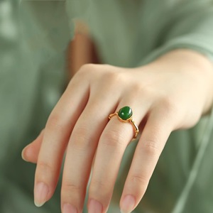 Artificial Hetian Jade Cabochon Gold Plated Bamboo Ring Women Chinese Style Adjustable Index Finger Jewelry Gift - Product Image 4