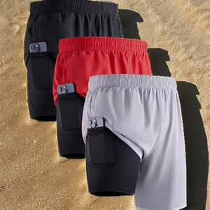 Men's Solid Casual Quick-Dry Waterproof Woven Double <b>Layer</b> Zipper Fly <b>Mid</b> Running Shorts Pocket Phone Fitness Training Beach Gym - Product Image 2
