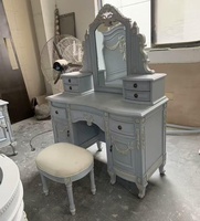 Ensemble coiffeuse rétro française sculptée en bleu brumeux avec tabouret