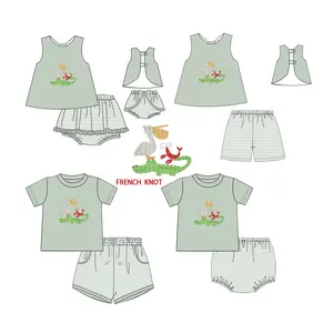 Puresun Children Clothing Wholesale Summer Kids Clothes Sage Green Shrimp French Knot Embroidery Baby Girl Clothing