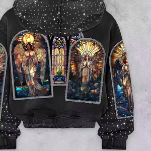 YSJY Fabricant de sweats à capuche zippés pour hommes, personnalisés OEM, en coton, coupe ample, effet vieilli, épais, avec strass et diamants - Product Image 3