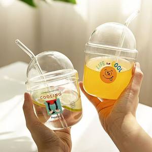 Vaso <span class=keywords><strong>de</strong></span> Vidrio <span class=keywords><strong>de</strong></span> Borosilicato Transparente Creativo <span class=keywords><strong>de</strong></span> 15 oz, Reutilizable, con Tapa y Pajitas para Té con Leche - Product Image 1