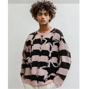 Logo personnalisé nouveauté américain ourlet coupe rayures Hit couleur pull mâle lâche paresseux vent trou grande taille pull en tricot mâle - Product Image 1