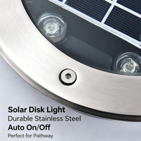 Lampe LED solaire rechargeable IP67 en aluminium, circulaire, encastrée, pour pelouse, extérieur, sol, route, avec capteur de lumière