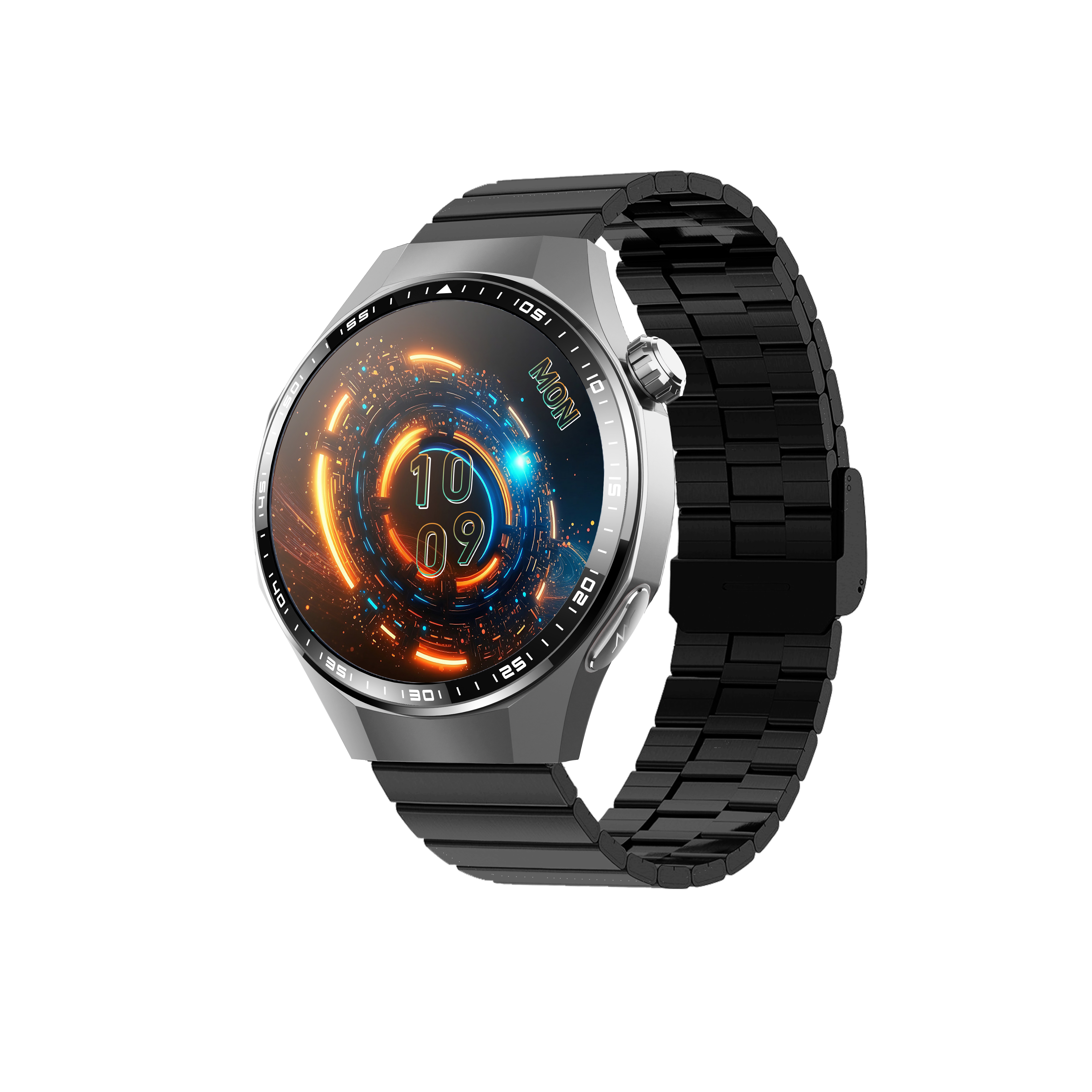 Correa de reloj de metal negro.