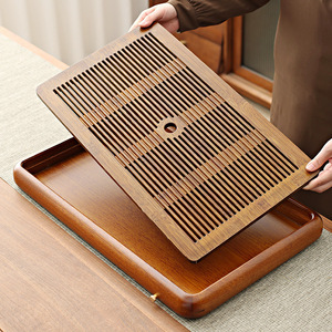 Bandeja de té de madera maciza al por mayor, bandeja de té estilo chino para el hogar, bandeja de almacenamiento y drenaje de agua, mesa de té de madera de ala de pollo - Product Image 1