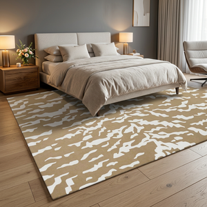Tapis rectangulaire moderne en laine à imprimé animalier, beige et blanc, à poils plats, antidérapant, pour salon, avec envers en caoutchouc touffeté - Product Image 3