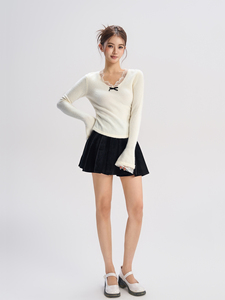 Haut d'automne Diba <span class=keywords><strong>La</strong></span> pour femmes New Style Velvet Bow Knit avec chemisier à col en V bordé de dentelle à volants - Product Image 6