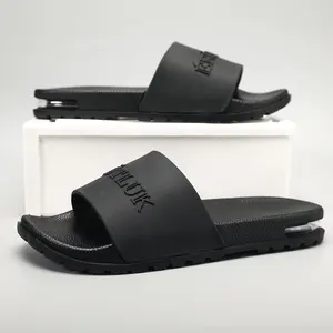 Hellosport Calidad De fábrica logotipo personalizado cojín de aire calzado negro verano en blanco Slide sandalia mujeres hombres zapatillas diseñador diapositivas