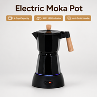 Cafetière électrique Moka 6 tasses avec base chauffante, poignée en bois à toucher froid et indicateur LED