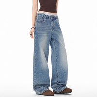 Pantalon en jean bleu délavé style couteau courbé pour homme, coupe droite ample et polyvalente, style streetwear tendance, jambe large