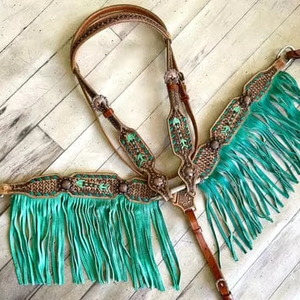 Juego de tachuelas de caballo ligeras de cuero genuino, cesta tejida con flecha tallada, placa de pecho, monturas occidentales, equitación de temporada - Product Image 1