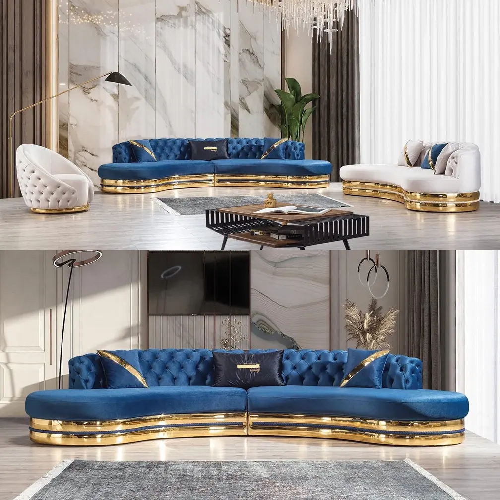 उच्च गुणवत्ता लक्जरी कमरे में रहने वाले सोने स्टेनलेस स्टील सोफे मखमल Upholster होटल के लिए 2-3 सीटों वाले सोफे घर
