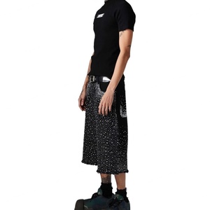 Custom <b>Men's</b> Vintage Jeans <b>Shorts</b> with Rhinestone <b>Baggy</b> Fit and Raw Edge Hem Streetwear Style by Manufacturers - Product Image 3