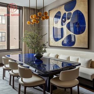 Modernes Luxuriöses <span class=keywords><strong>Klein</strong></span>-Blau Steinmarmor Runder Tisch Lederstuhl Sitzgruppe Restaurant Hotel Café Möbelset - Product Image 5