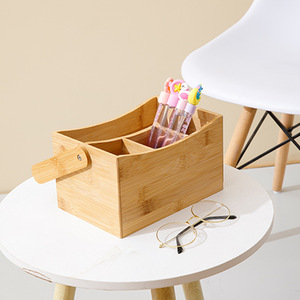 Caja de Almacenamiento de Bambú, Organizador Multicompartimento, Soporte de Escritorio para Oficina, Tipo Rectangular, Color Sólido, Parte Superior Abierta, con Asa - Product Image 1