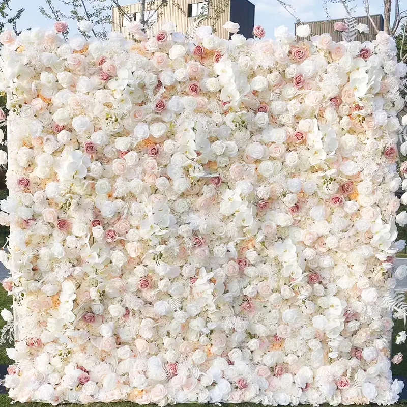 शादी की व्यवस्था के लिए वेडिंग सेंटरपीस 5डी कृत्रिम सफेद गुलाब के फूल की दीवार पृष्ठभूमि