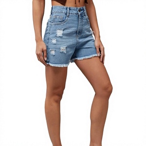 Shorts de mezclilla de algodón rasgados de cintura alta para mujer, con dobladillo deshilachado, lavado medio, estilo casual de verano, secado rápido - Product Image 1