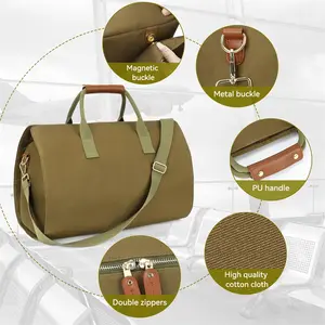 Custom High Quality 2 In 1 Canvas Leather Suit Luggage Garment Bag Suit Weekender Travel Bag Carry On Garment Duffle Bag