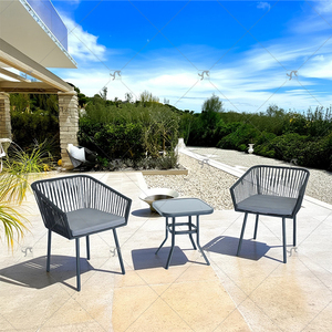 Modern 3 Piece <strong>Grey</strong> Patio Cafe <strong>Set</strong> Furniture Outdoor Garden <strong>Bistro</strong> Rope Steel Coffee Table <strong>Set</strong> and 2 Seater Chairs for Outside - Product Image 6