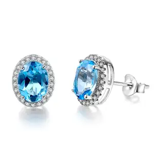 New Classical Natural Gemstone 925 Sterling Silver Fine Jewellery Oval Shape Blue Topaz Diamond Stud Earring EI020