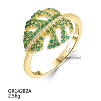 Grace Jewelry Ensemble de boucles d'oreilles et bagues en argent sterling 925, style Ins, pierre verte, feuille de Monstera, pendentif, plaqué or pour fêtes et cadeaux